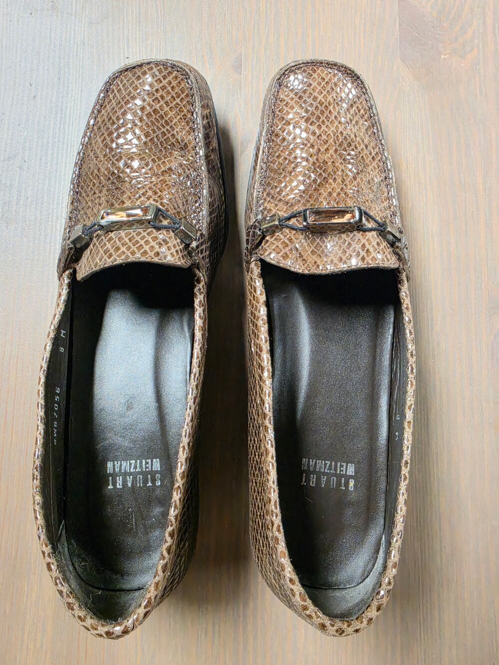 Stuart Weitzman Brown Snakeskin Print Leather Loafers Square Toe Size 8M